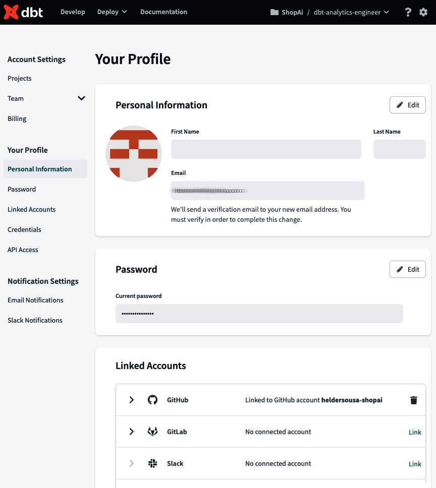 dbt Profile Settings