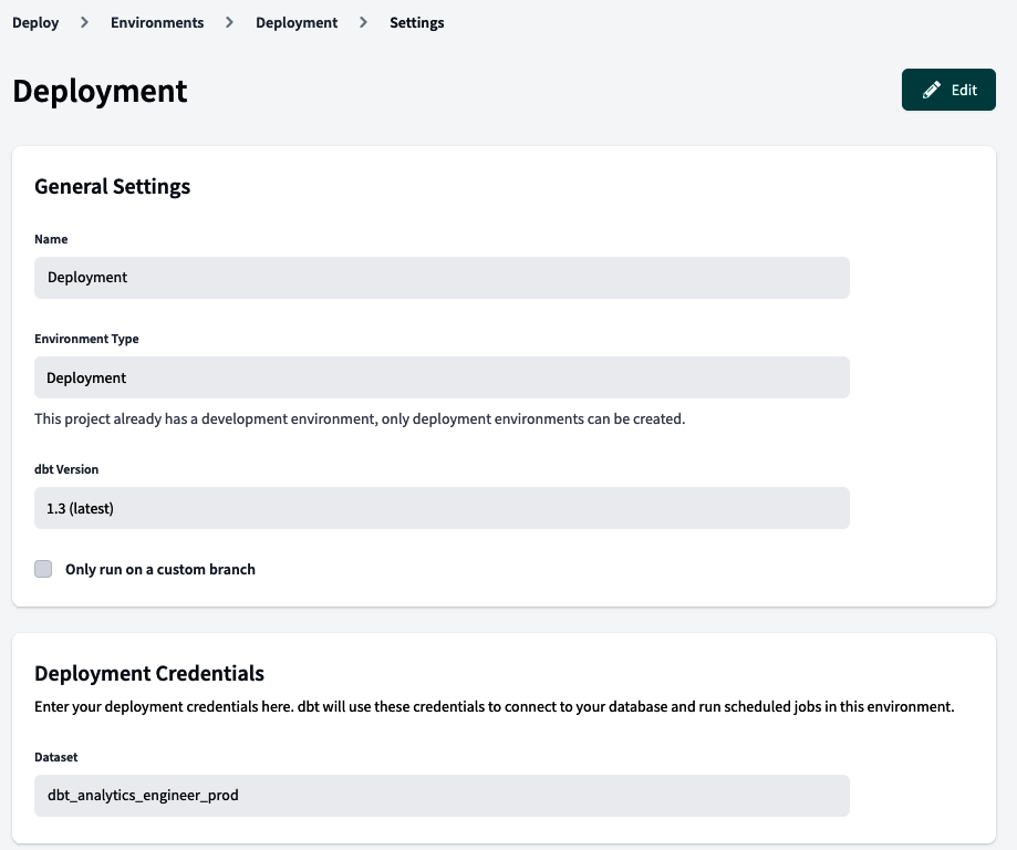 deployment environment settings