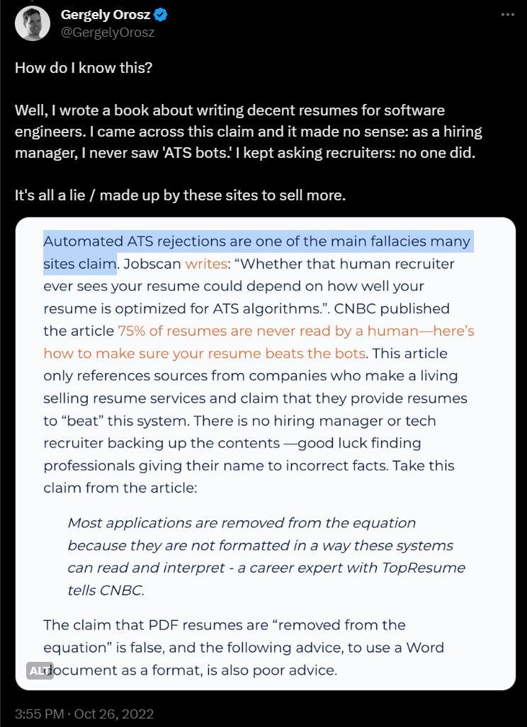 Gergely Orosz (founder of The Pragmatic Engineer publication and former manager at Uber) on ATS (screenshot via Twitter)