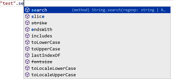 TypeScript suggesting a dropdown of properties starting with 'se' as members of a string.