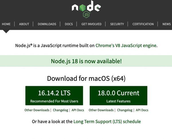 An image of Node.js website with versions for downloading