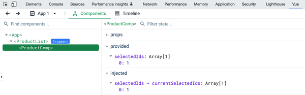 A screenshot shows the Component tab of the Vue tab in the browser's Develop tools with information about a component's provided and injected data.