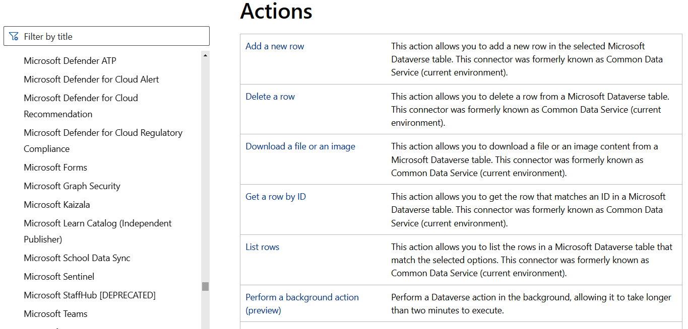 Dataverse actions list