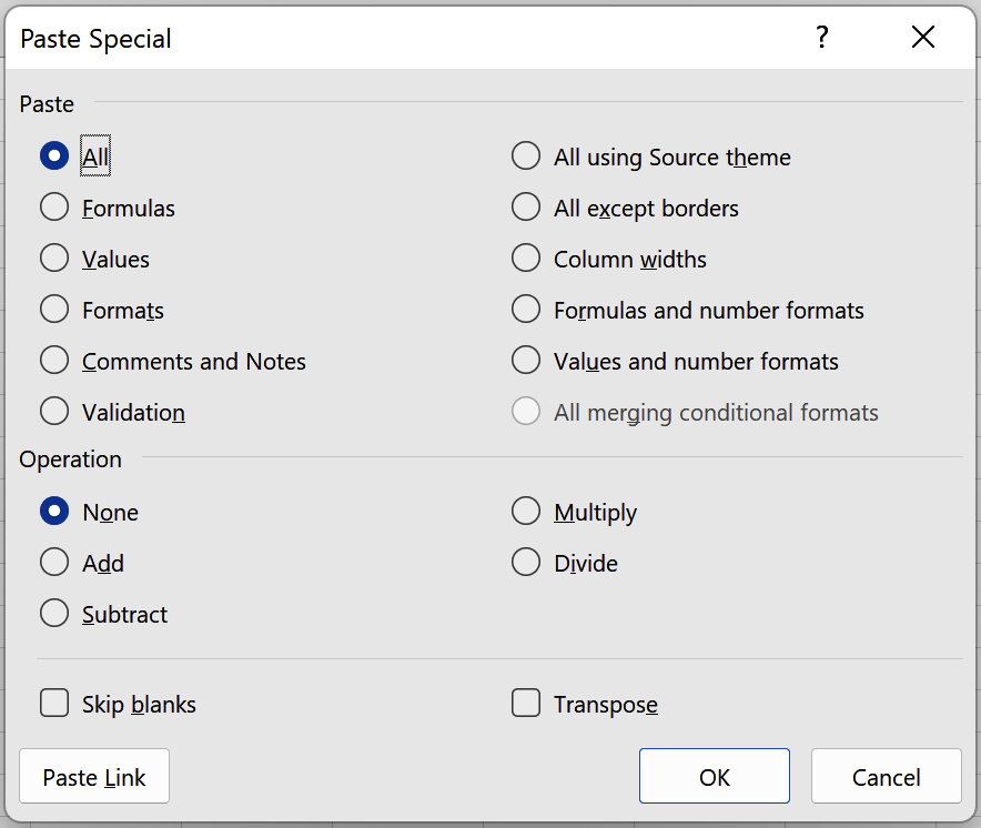 Screenshot of the Paste Special dialog box