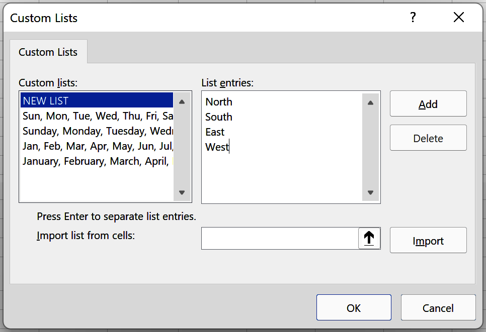 Screenshot of the Custom Lists dialog box