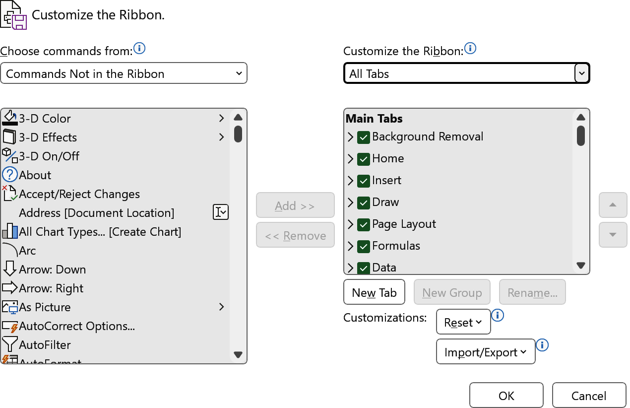 Screenshot of the Customize the Ribbon dialog box