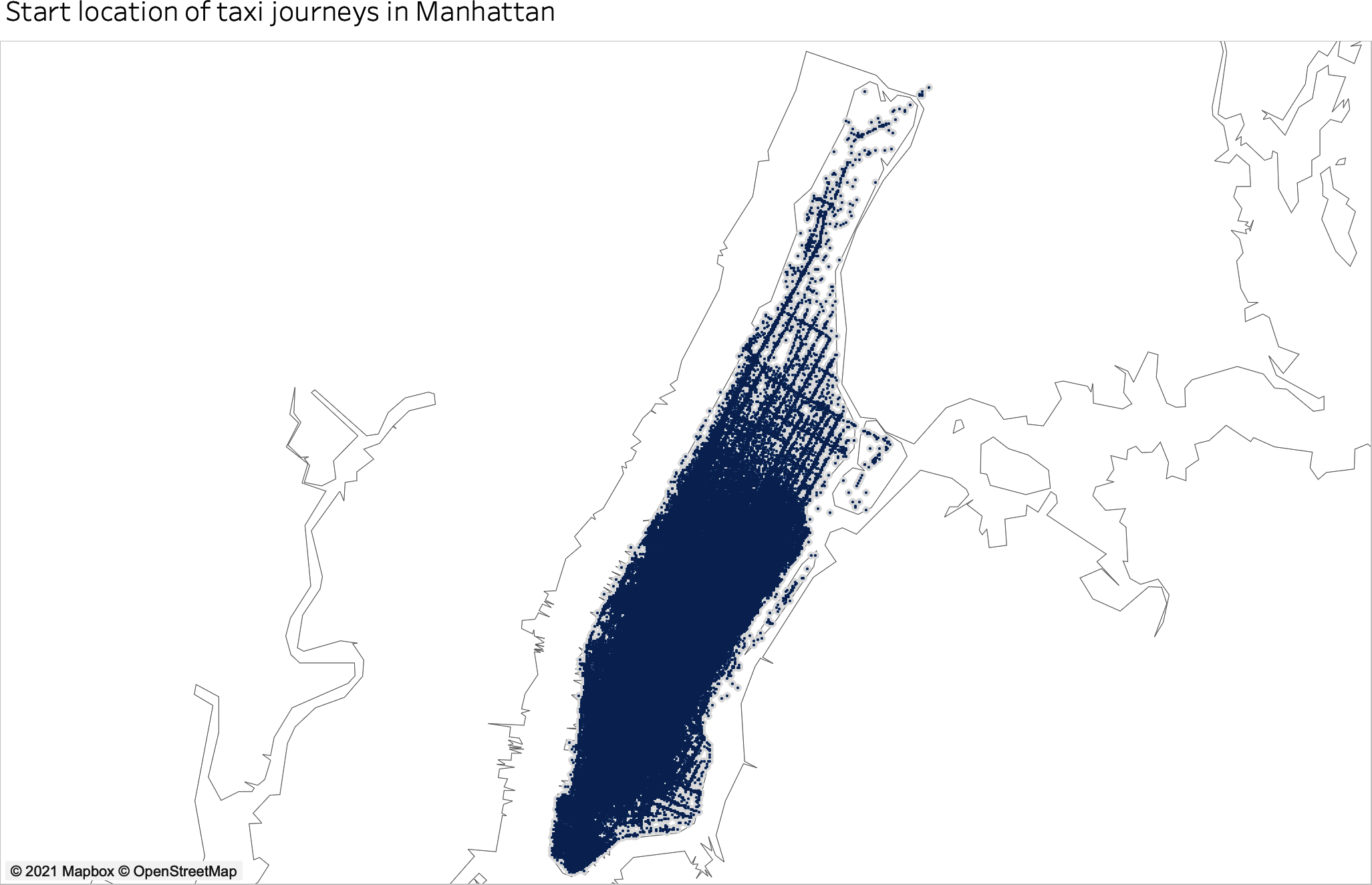 Map of hundreds of thousands of taxi journey starting points in Manhattan