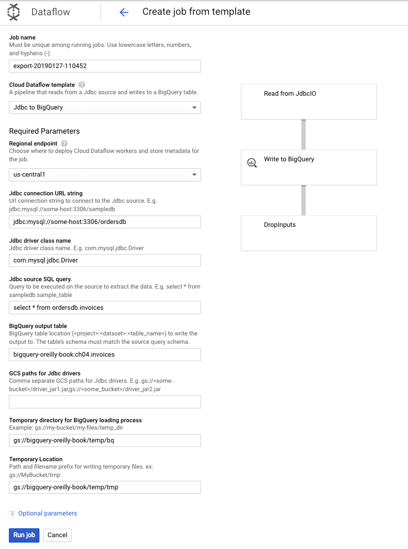 Creating a Dataflow job from a template to transfer data from MySQL to BigQuery