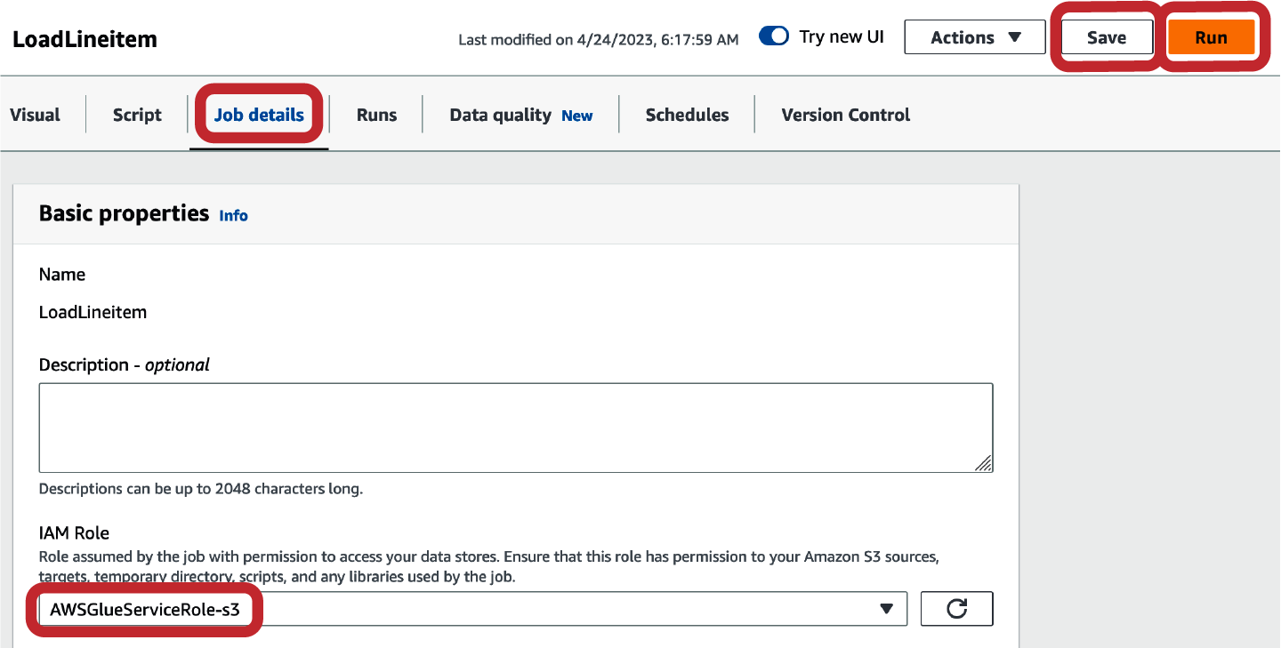 AWS Glue set job details