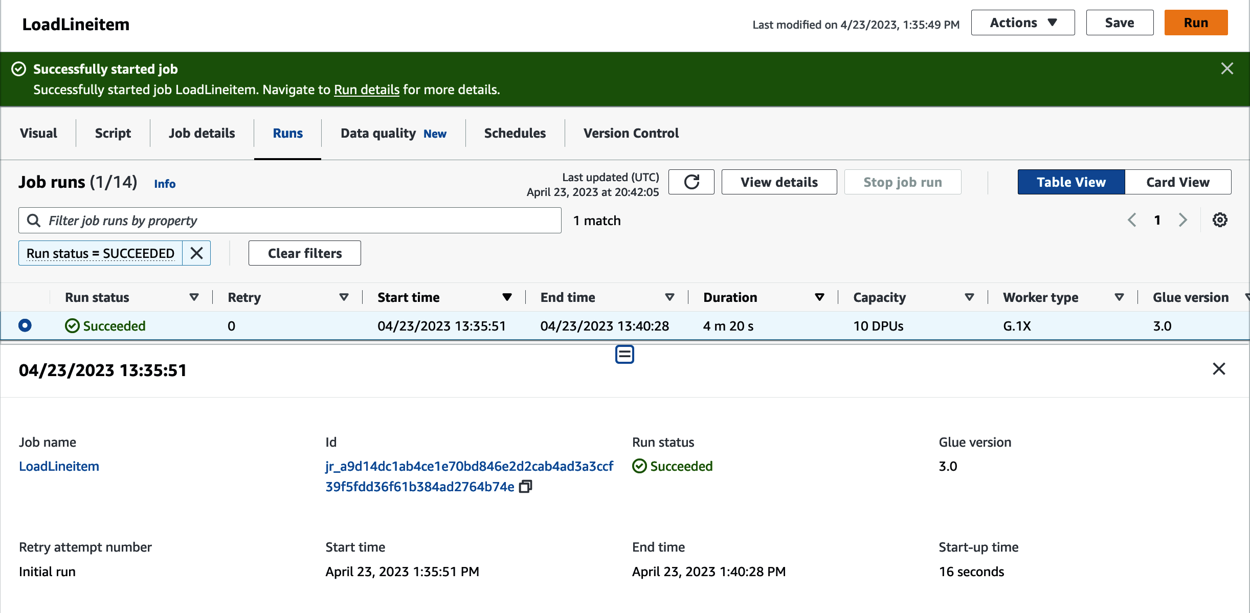 AWS Glue job run details