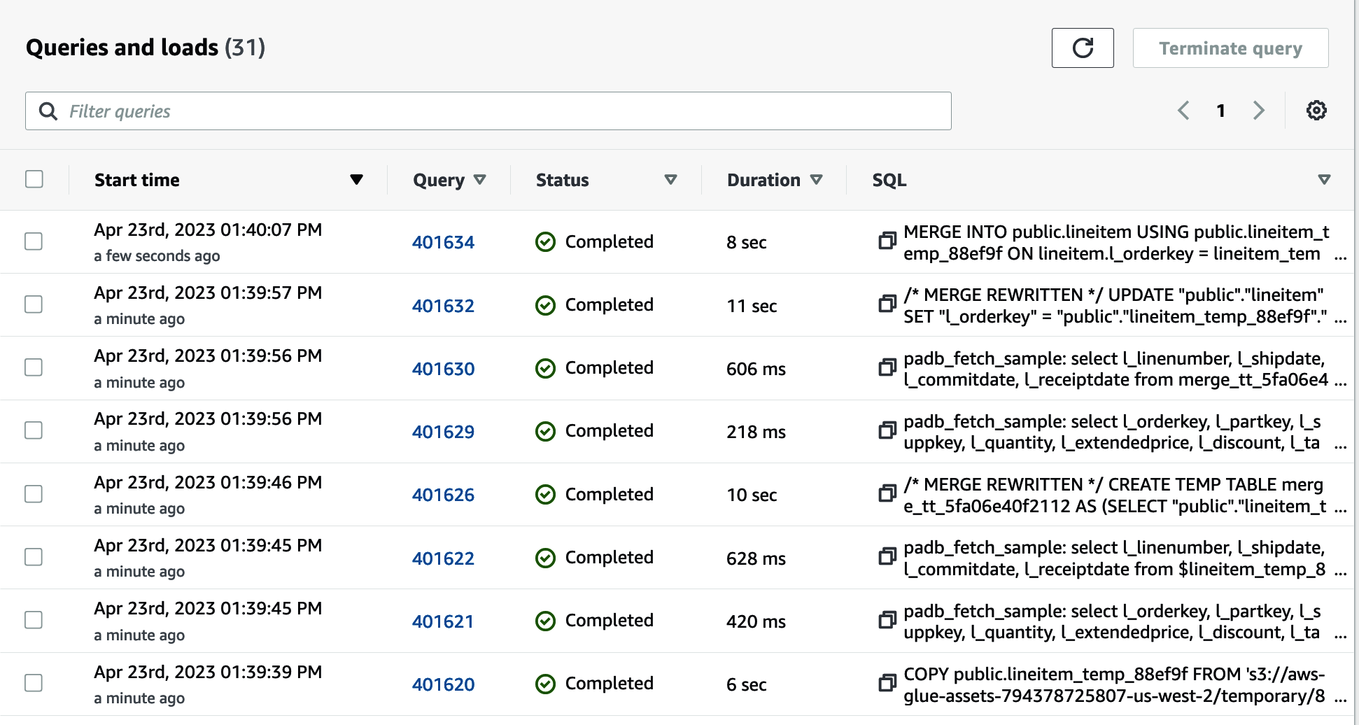 Amazon Redshift query history