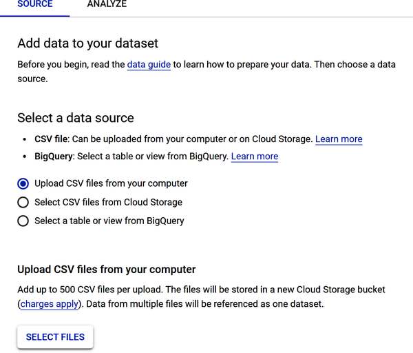 Data source upload options for your dataset file