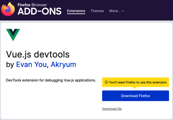 An image of Vue Devtools extension in Firefox Addons store for installing