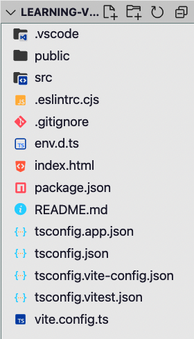 An image of the collapsed file structure of the newly created Vue application with dedicate file icons