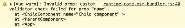 Screenshot of console warning for failed name prop validation