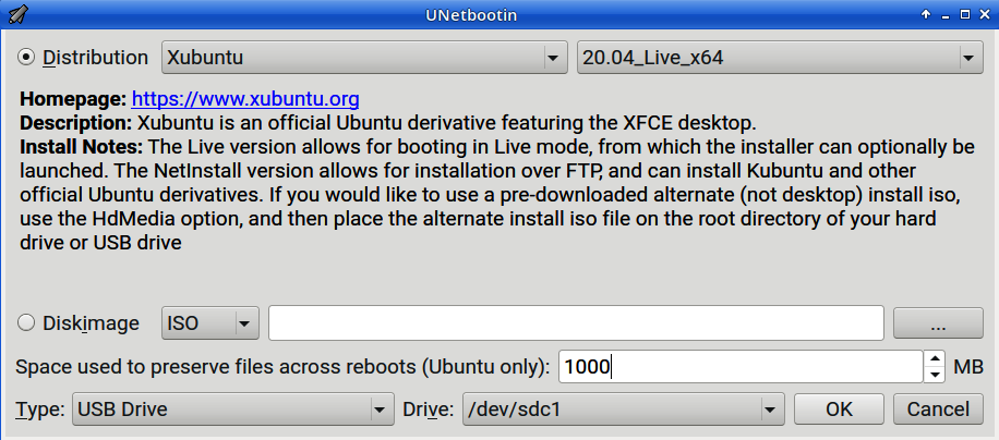 Using UNetbootin to create an installable Linux USB stick