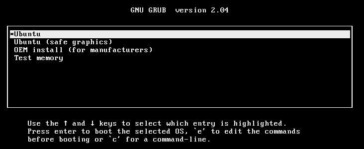 Ubuntu installer's GRUB boot menu.