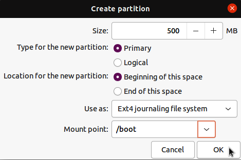 Creating the boot partition.