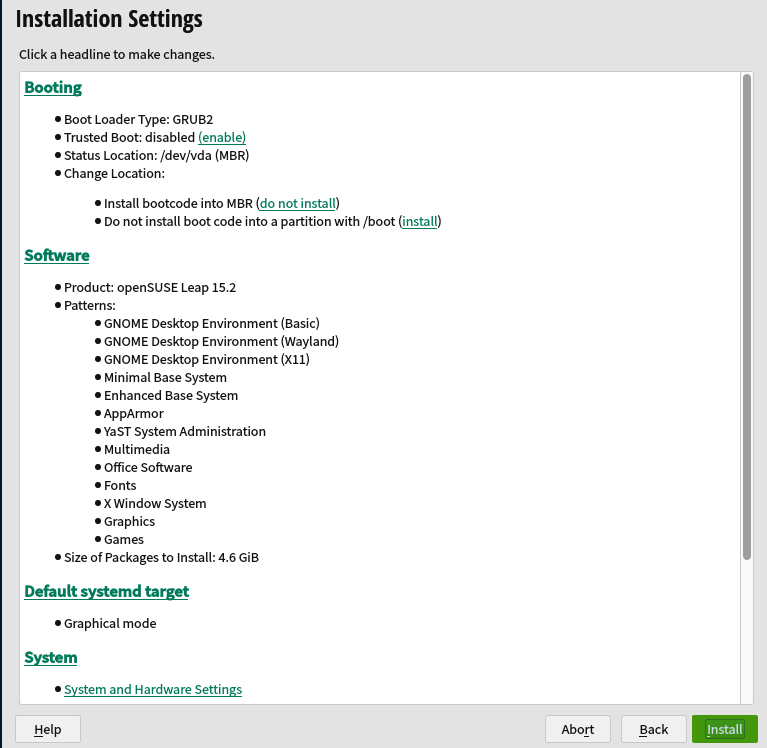 openSUSE installation settings