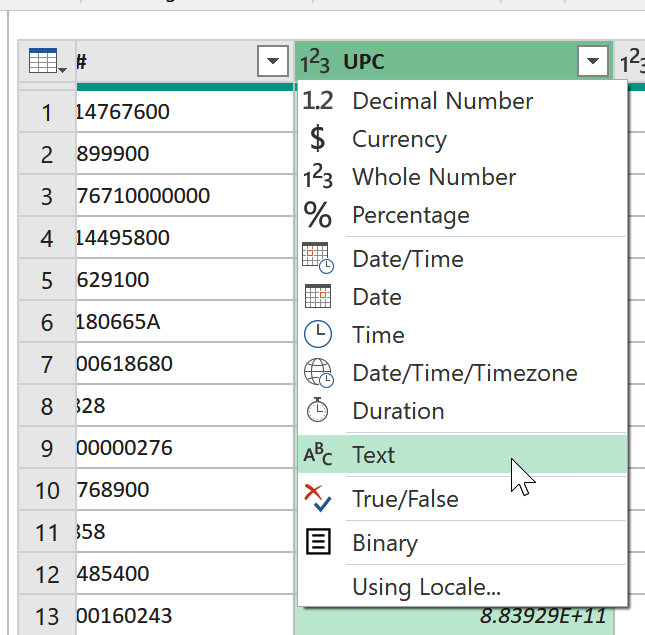 Changing data type