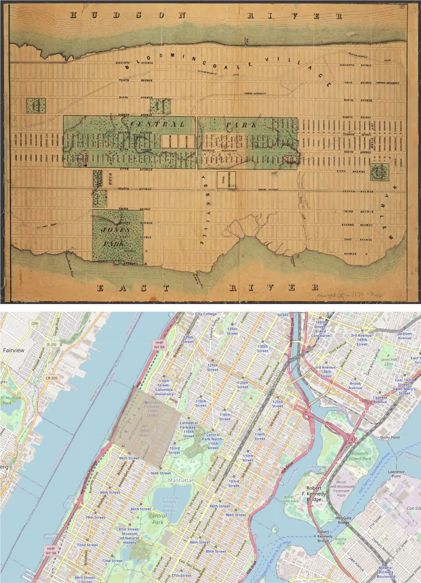 A map of Manhattan from 1870 (top) and a rectified map of contemporary Manhattan (bottom)