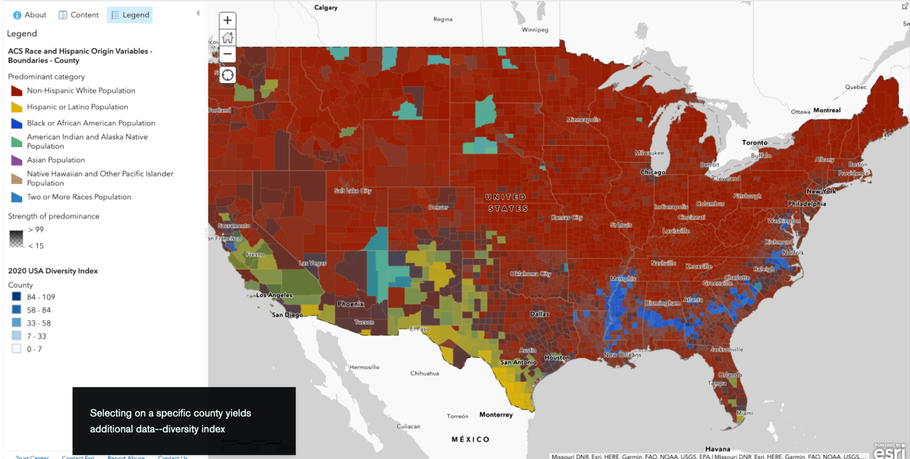 An ArcGIS map visualizing county-level race variables in the continental US