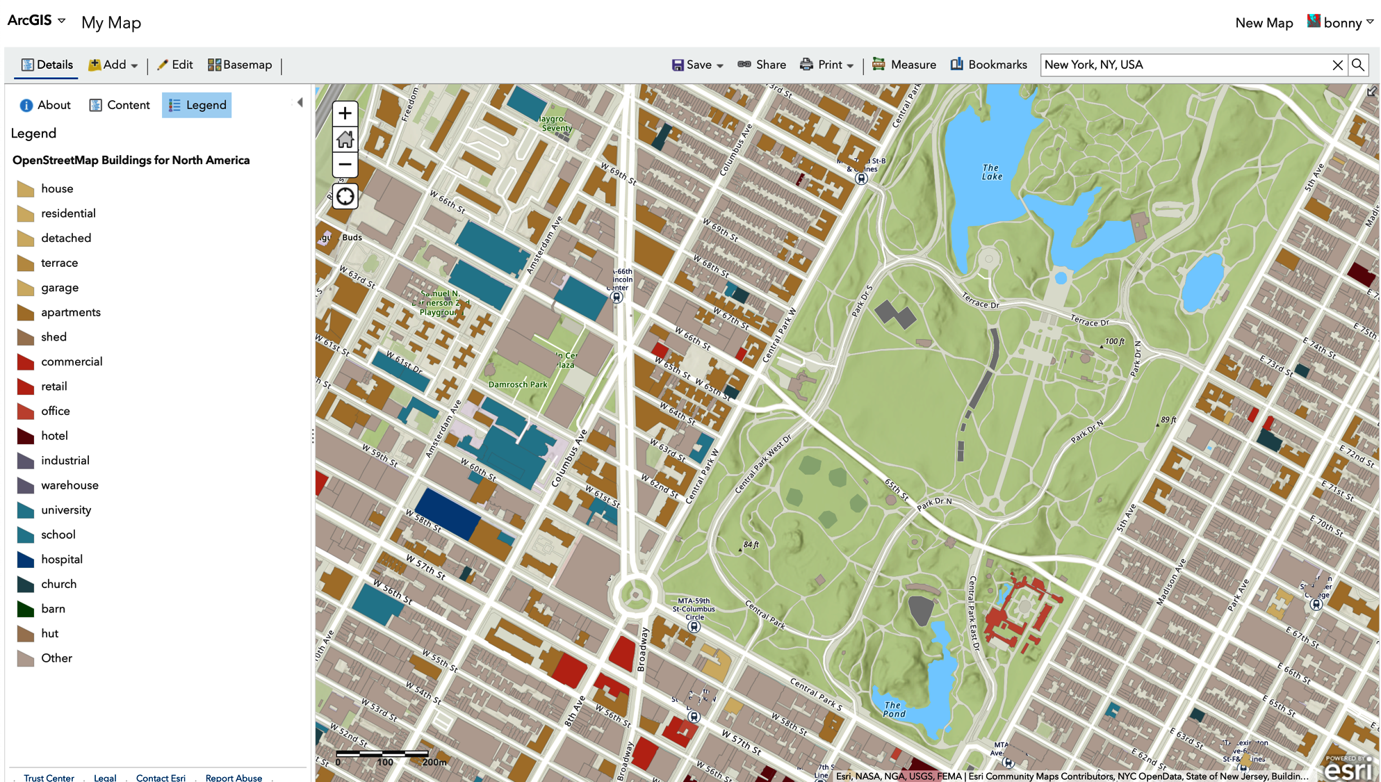 ArcGIS rendering of vector data showing building types in New York City, with attribute table