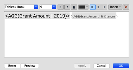 The text editor showing how you should format the text labels on the visualization