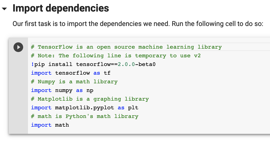 The 'Import dependencies' cell in its selected state