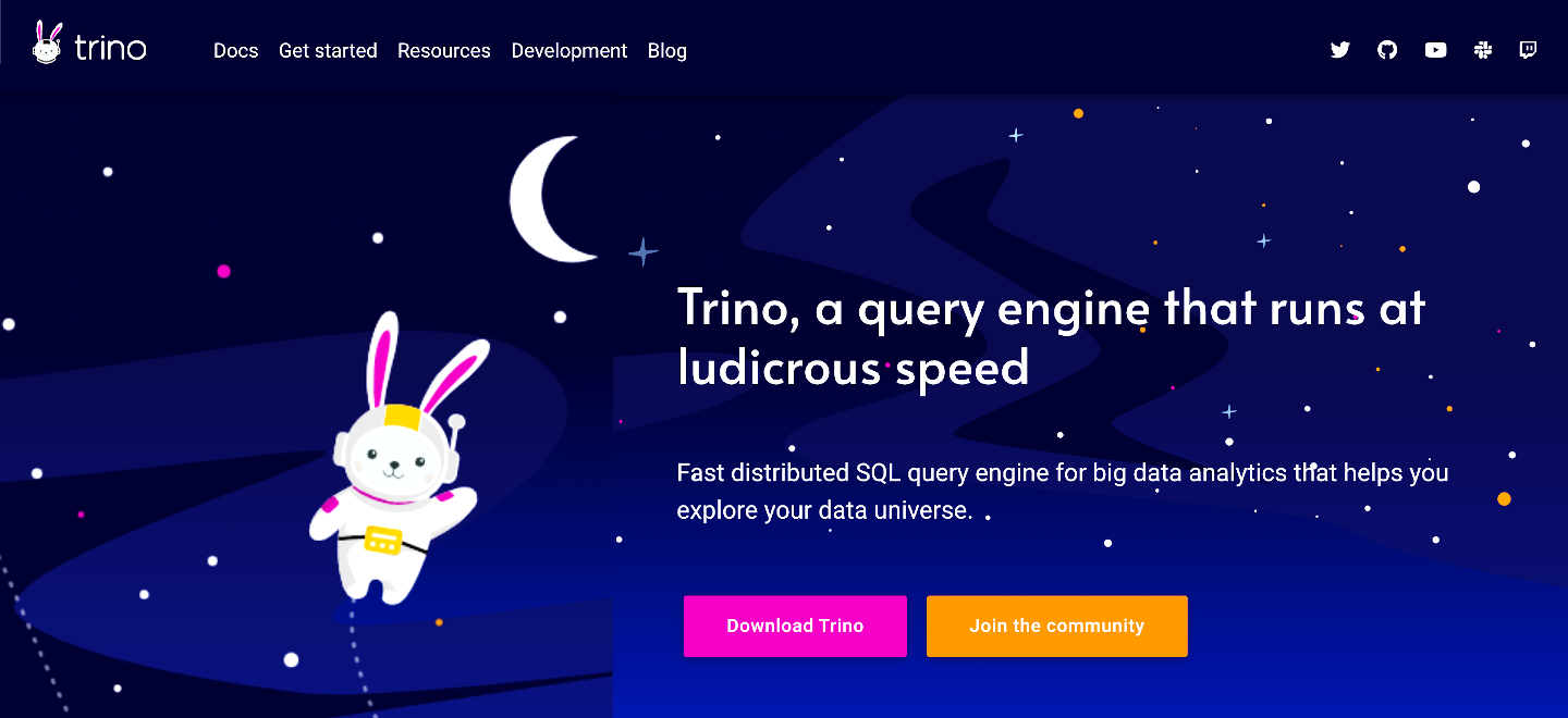 Front page of Trino website at trino.io