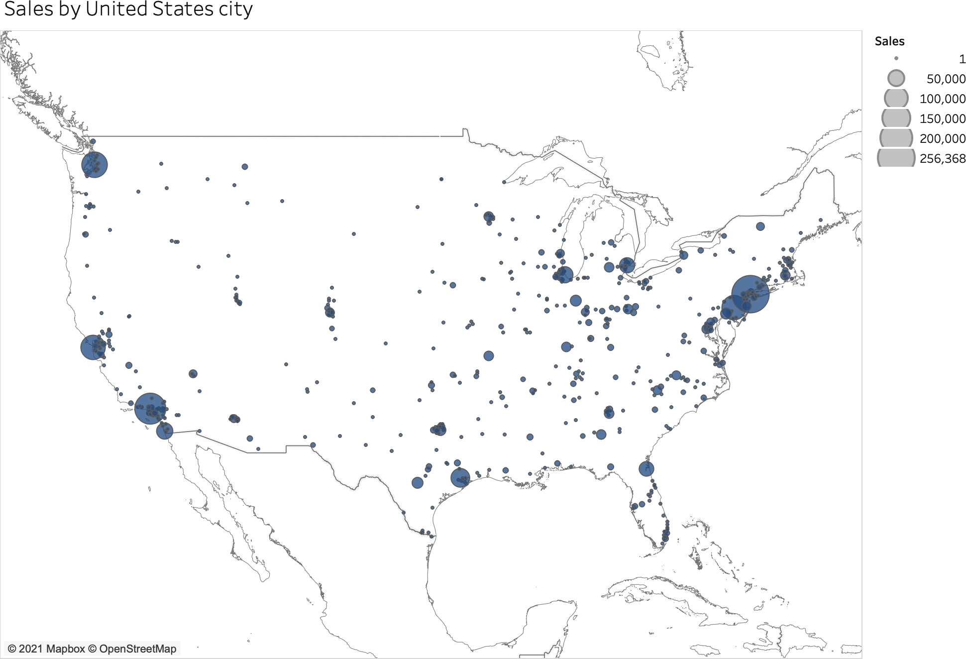 Symbol map showing sales by city from our bike stores across the United States