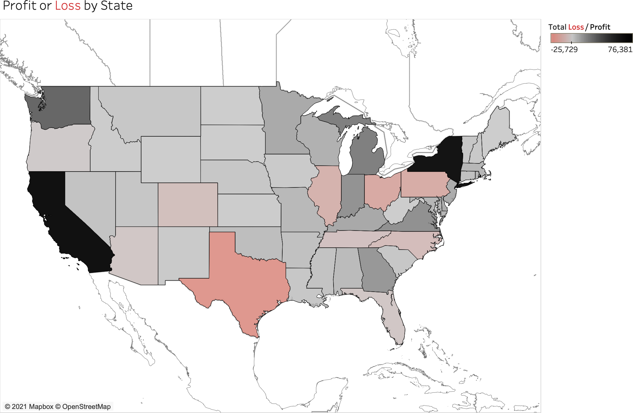 Choropleth map using a diverging color scale to represent state profit