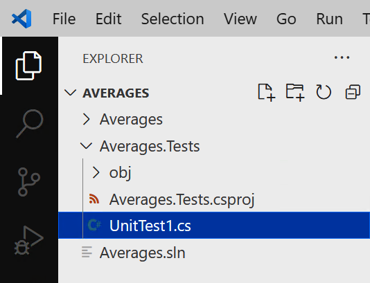 Visual Studio Code's Explorer, with the Averages.Test project expanded, and the UnitTest1.cs file selected