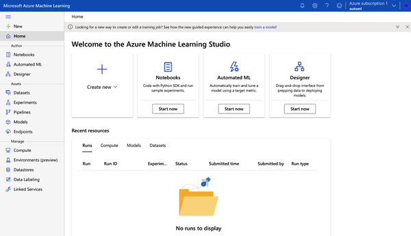 Azure Machine Learning Studio home