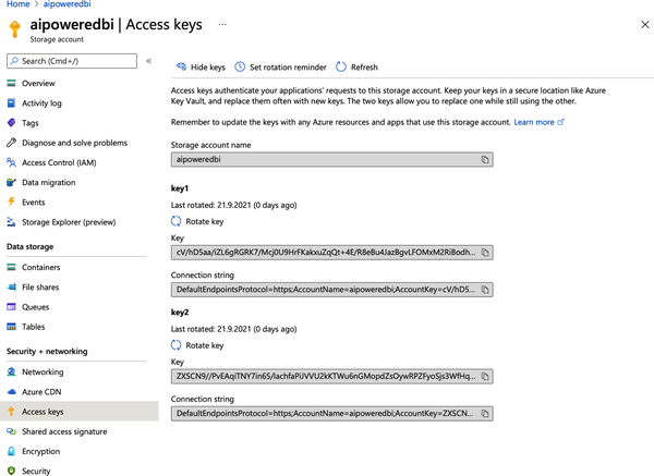 Access keys for the Azure storage account