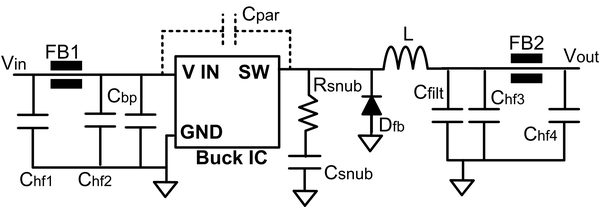 Noise reduction using snubbers and ferrites