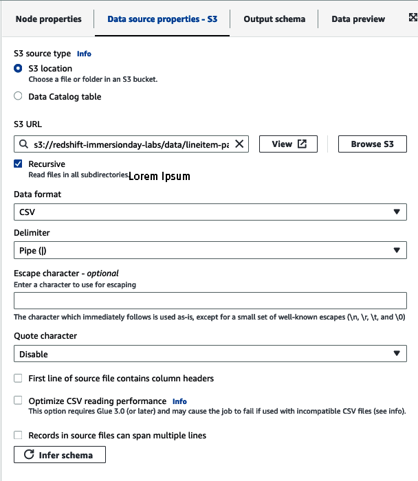 AWS Glue Set Amazon S3 bucket