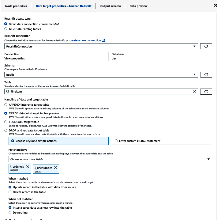 Glue set Amazon Redshift target