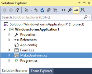 Screenshot of the Solution Explorer window presenting the new form named MakeUserForm.cs in the navigation tree.