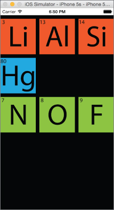Screenshot of a iOS screen with Collection view presenting data in a grid layout with Li, Al, Si in the first row, Hg in the second row, and N, O, F in the third row.
