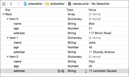 Screenshot of GUI property list editor with the property list file. 