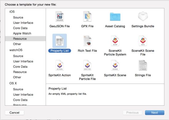 Screenshot of Resource section in file options dialog box, with Property List highlighted.