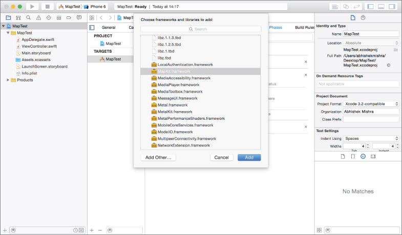 Screenshot of storyboard with dialog box Choose frameworks and libraries to add:, with MapKit framework highlighted(gray), with buttons Add Other, Cancel and Add(blue). 