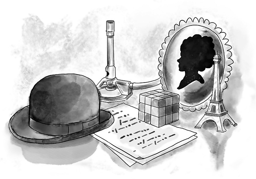 Sketch of a round hat, a Rubik’s cube on top of paper, a Bunsen burner, mirror, and an Eiffel tower miniature.