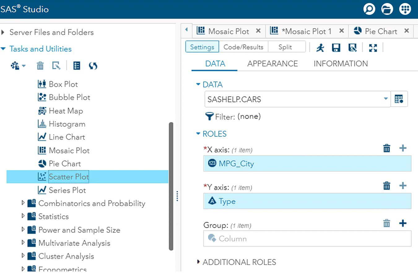 Snipped image of a SAS Studio window displaying a list of graphs under Tasks and Utilities in the left panel and settings at the right panel.