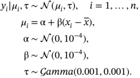 StartLayout 1st Row 1st Column y Subscript i Baseline vertical-bar mu Subscript i Baseline comma normal tau 2nd Column tilde 3rd Column script í’© left-parenthesis mu Subscript i Baseline comma normal tau right-parenthesis comma i equals 1 comma ellipsis comma n comma 2nd Row 1st Column mu Subscript i 2nd Column equals 3rd Column normal alpha plus normal beta left-parenthesis x Subscript i Baseline minus x overbar right-parenthesis comma 3rd Row 1st Column normal alpha 2nd Column tilde 3rd Column script í’© left-parenthesis 0 comma 1 0 Superscript negative 4 Baseline right-parenthesis comma 4th Row 1st Column normal beta 2nd Column tilde 3rd Column script í’© left-parenthesis 0 comma 1 0 Superscript negative 4 Baseline right-parenthesis comma 5th Row 1st Column normal tau 2nd Column tilde 3rd Column script í’¢ a m m a left-parenthesis 0.001 comma 0.001 right-parenthesis period EndLayout