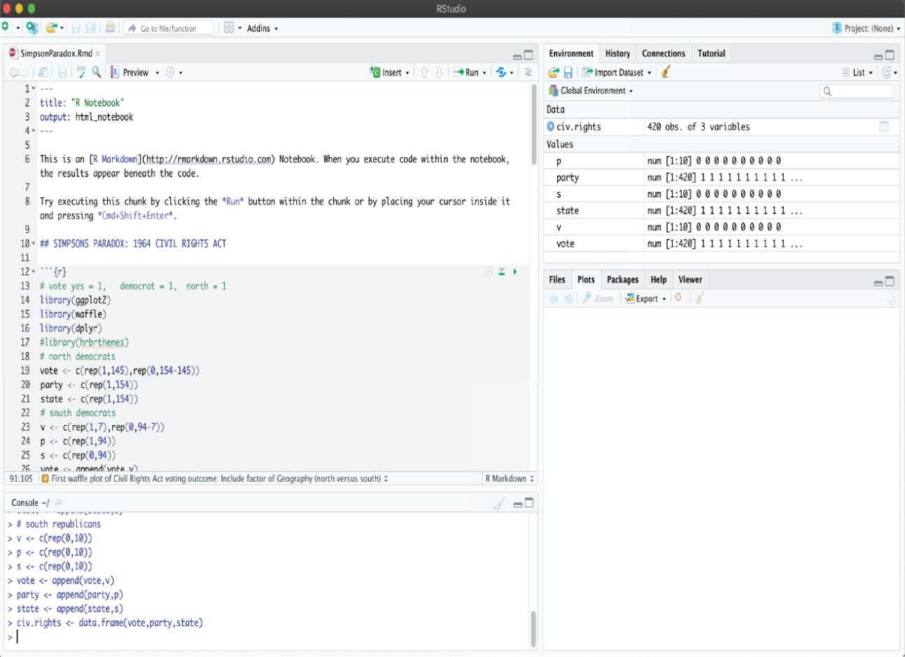 Schematic illustration of rStudio console features four boxes: Source Editor, Console, Workspace Browser (and History), and Plots (and Files, Packages, Help).