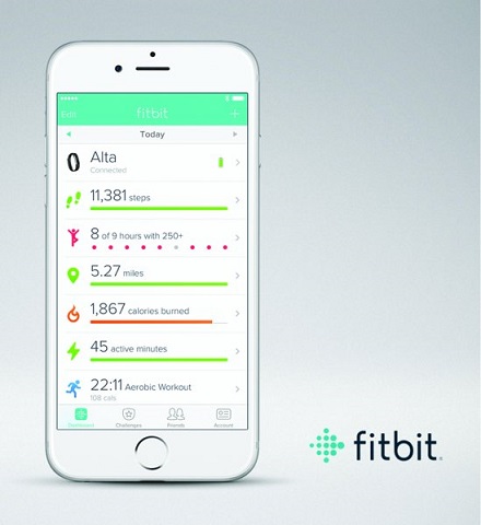 Fitbit dashboard for android screen with dashboard icon selected from list at bottom shows bars for 11,381 steps, 5.27 miles, 1,867 calories burned, et cetera.