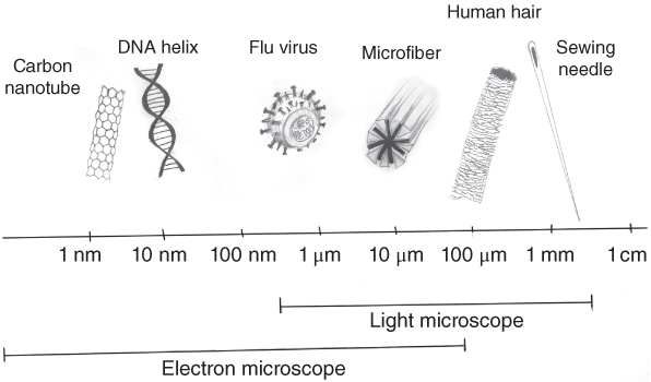 Illustration displaying a scale bar from 1nm-1 cm with sketches of carbon nanotube, DNA helix, flu virus, microfiber, humans hair, and sewing needle on top and dimension lines for electron and light microscope at the bottom.