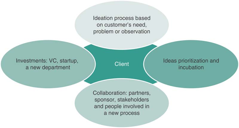 Diagram shows client at center that is surrounded by ideation process based on customer's need or observation, ideas prioritization and incubation, investment, and collaboration of partners, sponsor, stakeholders and people involved in new process.